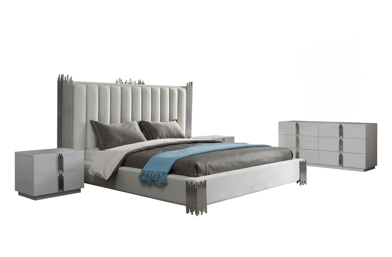 Modern White Bed + Stainless Steel 4-Piece Bedroom Set