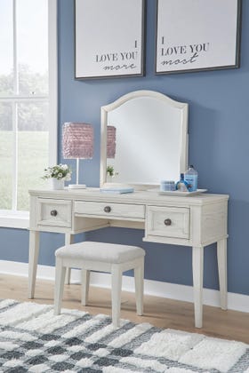 Robbinsdale Mirrored Vanity with Bench – Antiqued White