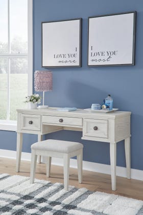 Robbinsdale 2-Piece Vanity and Stool Set – Antiqued White
