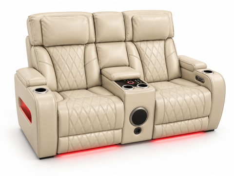 Party Time Power Recliner Loveseat with Console & Speaker – Beige