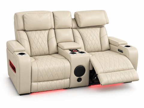 Party Time Power Recliner Loveseat with Console & Speaker – Beige