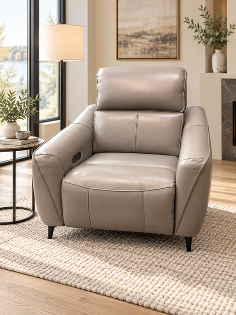 Milano Leather Power Recliner with Power Headrest & USB – Taupe