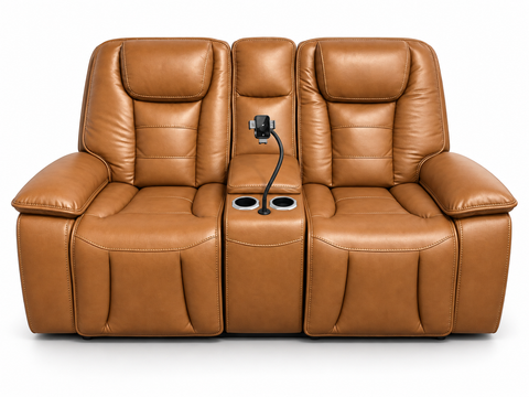 Verona Luxury Leather Dual Power Reclining Console Loveseat with Device Mount & Power Headrests