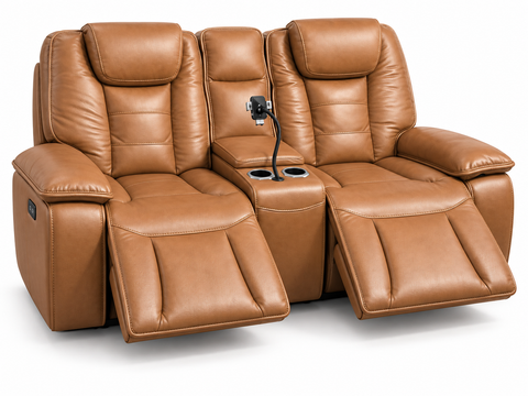 Verona Luxury Leather Dual Power Reclining Console Loveseat with Device Mount & Power Headrests