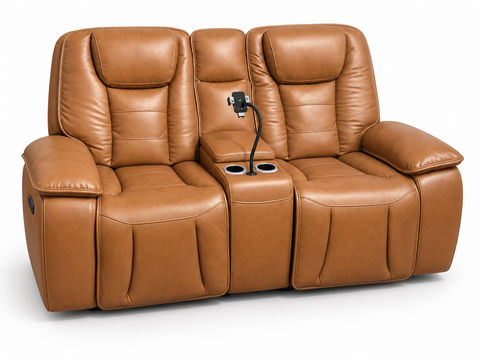 Verona Luxury Leather Dual Power Reclining Console Loveseat with Device Mount & Power Headrests