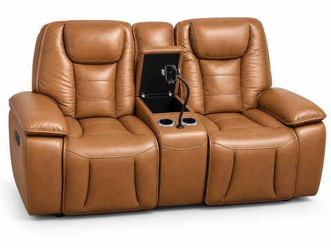 Verona Luxury Leather Dual Power Reclining Console Loveseat with Device Mount & Power Headrests