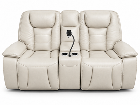Verona Luxury Leather Dual Power Reclining Console Loveseat with Device Mount & Power Headrests