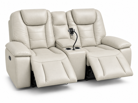 Verona Luxury Leather Dual Power Reclining Console Loveseat with Device Mount & Power Headrests