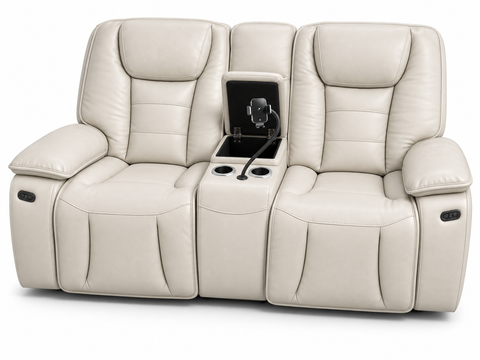 Verona Luxury Leather Dual Power Reclining Console Loveseat with Device Mount & Power Headrests