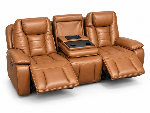 Verona Luxury Leather Dual Power Reclining Sofa with Drop-Down Table & Wireless Charging – Caramel Cognac