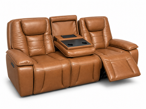 Verona Luxury Leather Dual Power Reclining Sofa with Drop-Down Table & Wireless Charging – Caramel Cognac