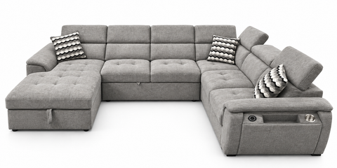 Orion U-Shape Modular Sleeper Sectional with Dual Pop-Up Beds, Gas-Lift Storage Chaise, Adjustable Headrests & Tech Arm – Heather Gr