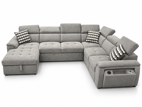 Orion U-Shape Modular Sleeper Sectional with Dual Pop-Up Beds, Gas-Lift Storage Chaise, Adjustable Headrests & Tech Arm – Heather Gr
