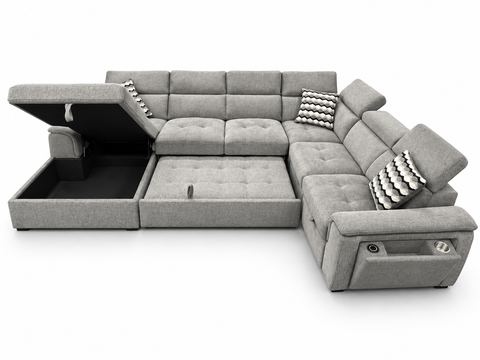 Orion U-Shape Modular Sleeper Sectional with Dual Pop-Up Beds, Gas-Lift Storage Chaise, Adjustable Headrests & Tech Arm – Heather Gr
