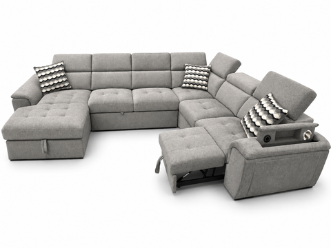 Orion U-Shape Modular Sleeper Sectional with Dual Pop-Up Beds, Gas-Lift Storage Chaise, Adjustable Headrests & Tech Arm – Heather Gr