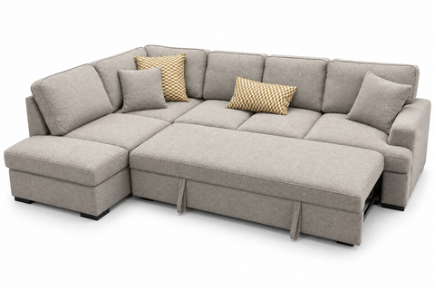 Haven Chenille Sleeper Sectional with Pop-Up Bed & Gas-Lift Storage Chaise – Oatmeal Heather