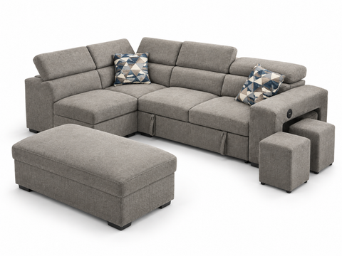 Milano Chenille Sleeper Sectional with Pop-Up Bed, Adjustable Headrests, Ottoman & 2 Nesting Stools