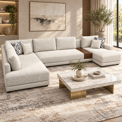 Sorrento Grand Modern Modular U-Shape Sectional with Built-In Walnut Console – Oatmeal Cream