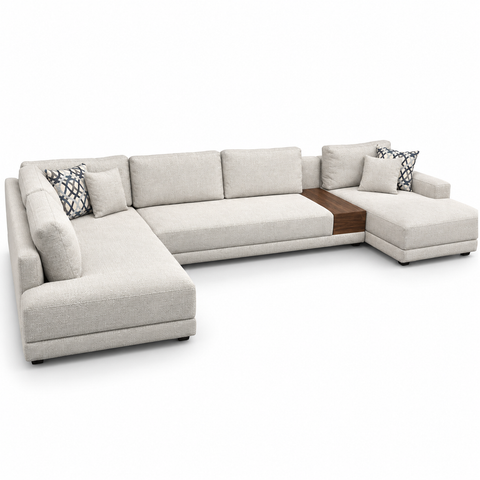 Sorrento Grand Modern Modular U-Shape Sectional with Built-In Walnut Console – Oatmeal Cream