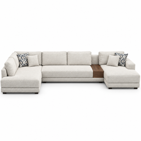 Sorrento Grand Modern Modular U-Shape Sectional with Built-In Walnut Console – Oatmeal Cream