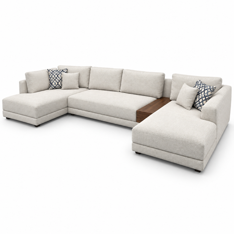 Sorrento Grand Modern Modular U-Shape Sectional with Built-In Walnut Console – Oatmeal Cream