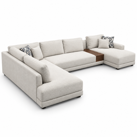 Sorrento Grand Modern Modular U-Shape Sectional with Built-In Walnut Console – Oatmeal Cream