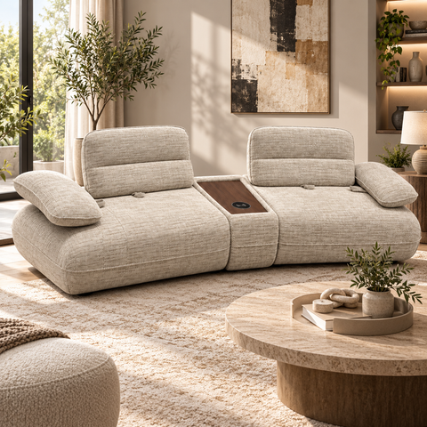 Solano Cloud Curved Media Lounge Couch with Center Hardwood Console & Smart Charging Pad