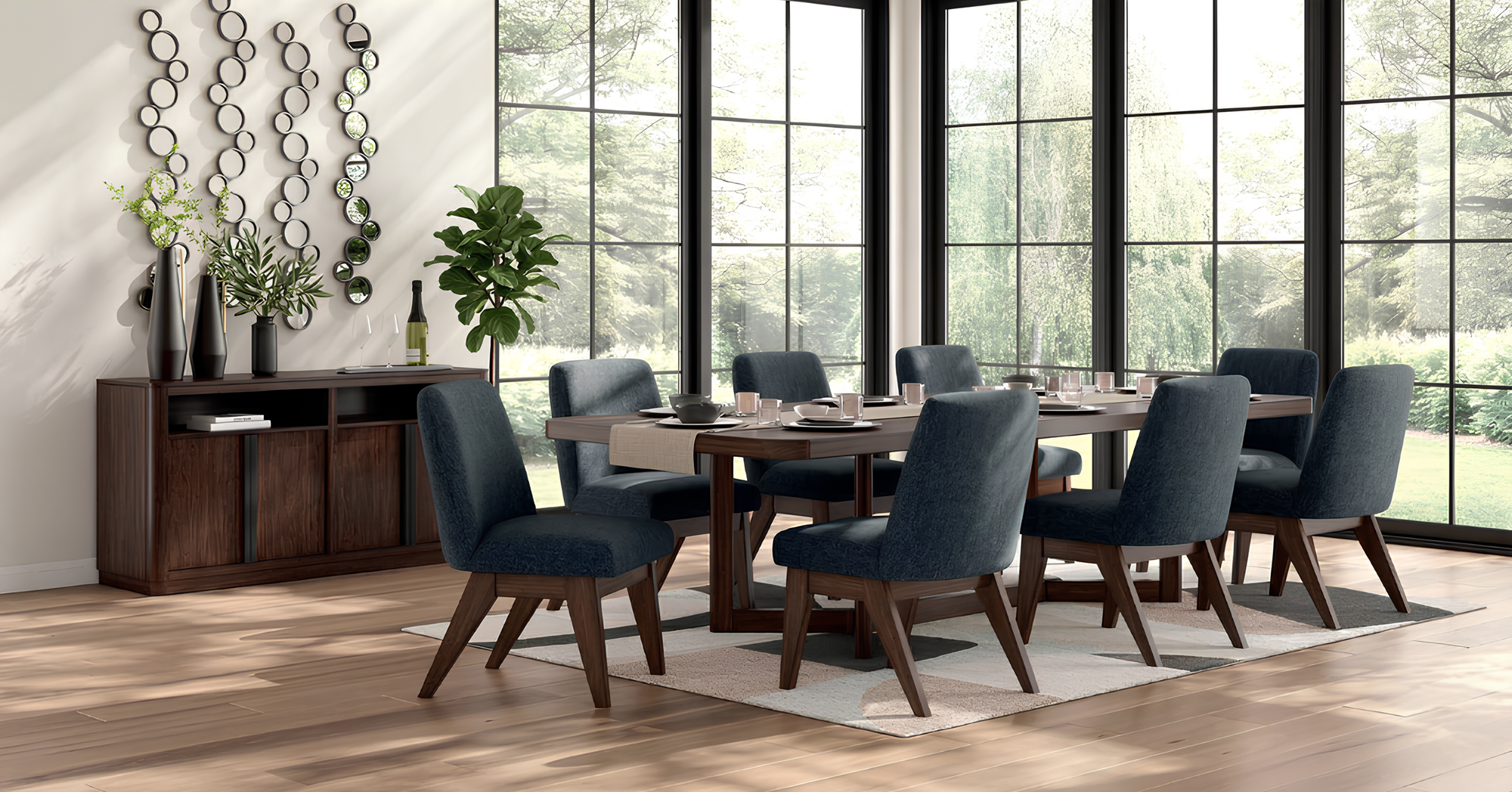 Modern dark wood dining table with six blue chairs and a matching buffet, showcasing our dining room sets in Surrey.