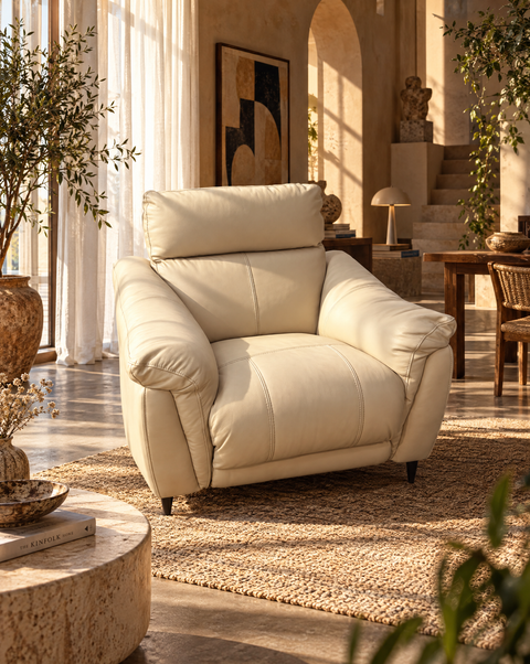 Siena Luxury Leather Power Recliner with Adjustable Headrest – Cream