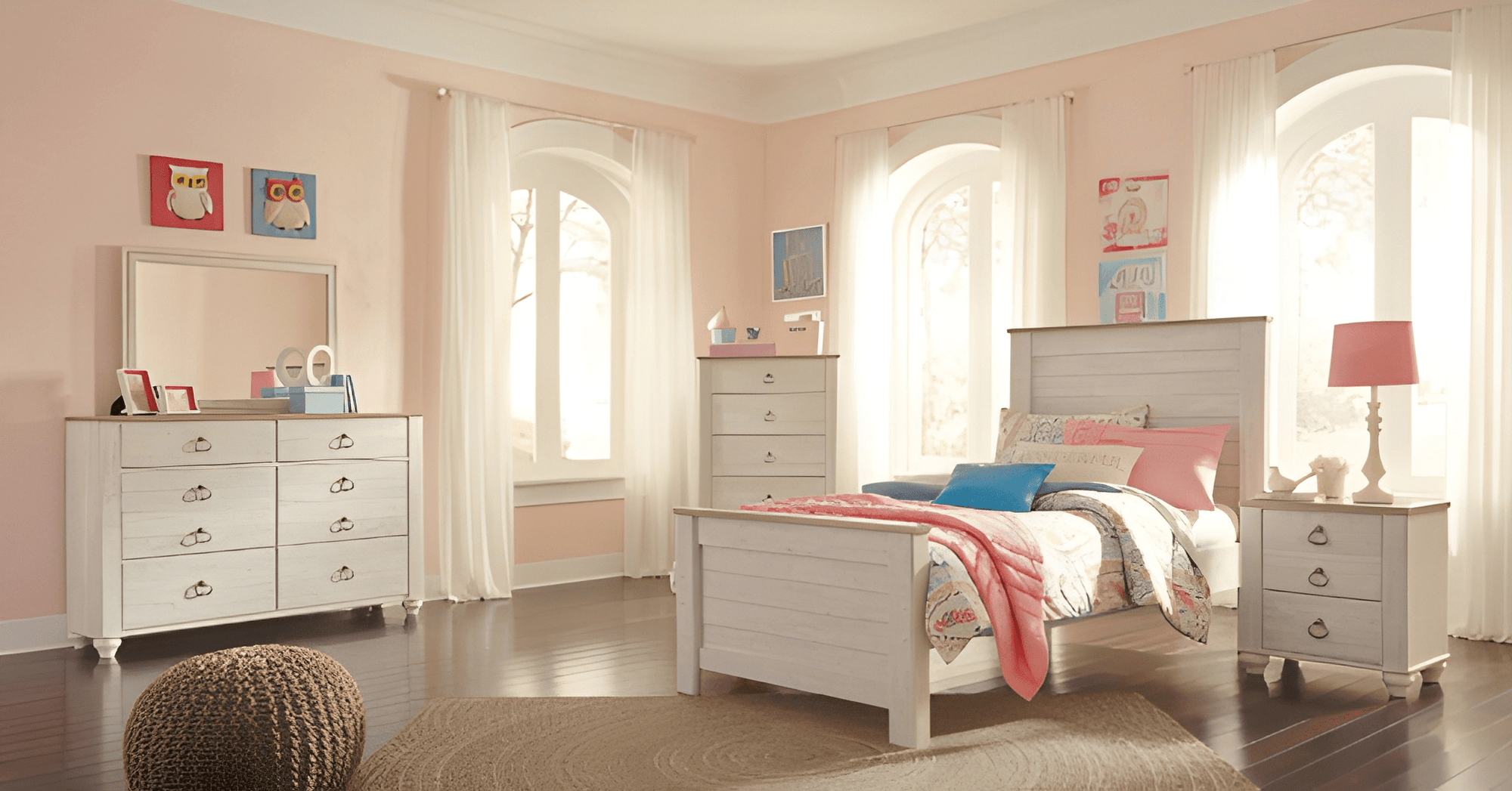 White 4-piece kids bedroom set featuring a bed, dresser with mirror, and nightstand, showcasing our kids bedroom sets Surrey collection.