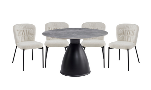Round Dining Table with Grey Sintered Stone Top & Black Metal Base