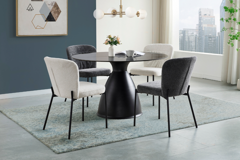 Round Dining Table with Grey Sintered Stone Top & Black Metal Base