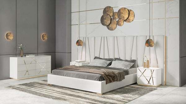 Modern White Bed + Gold 4-Piece Bedroom Set